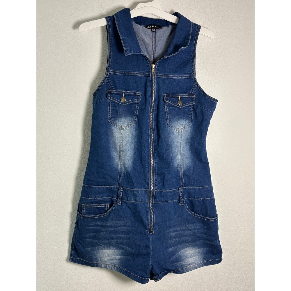 VIP Jeans Womens Denim Romper Sleeveless Zip Front Blue Jean Jumpsuit Size 15/16